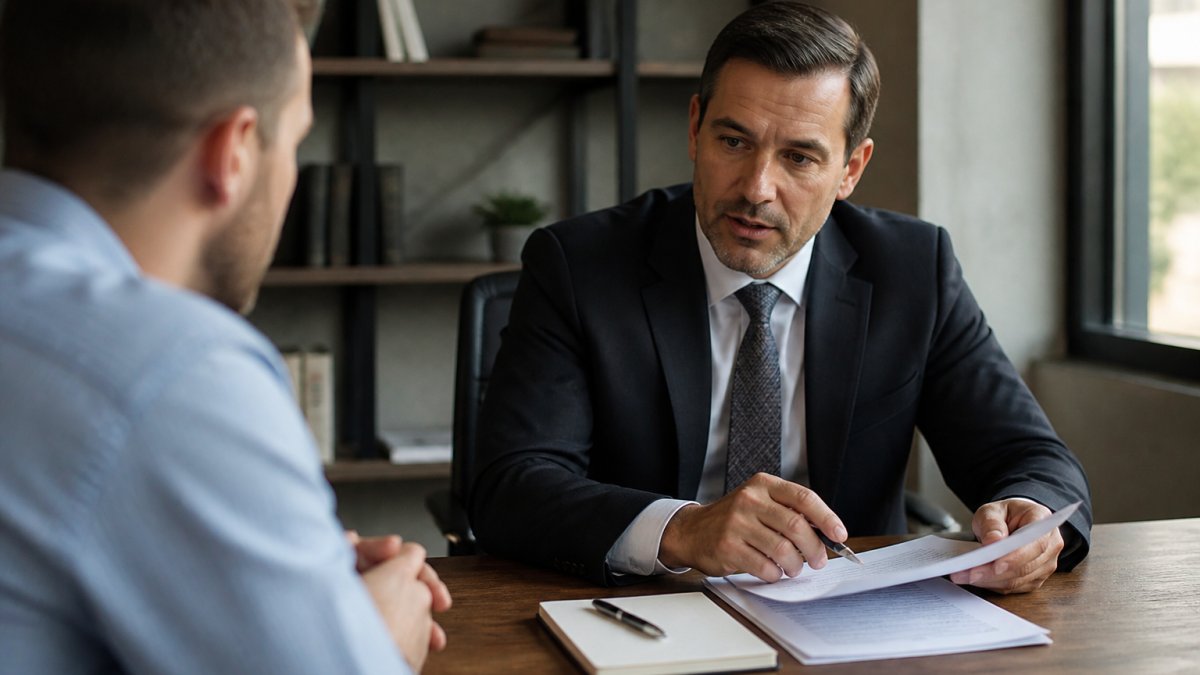 Criminal defense lawyer reviewing case documents with a client to evaluate experience before hiring.