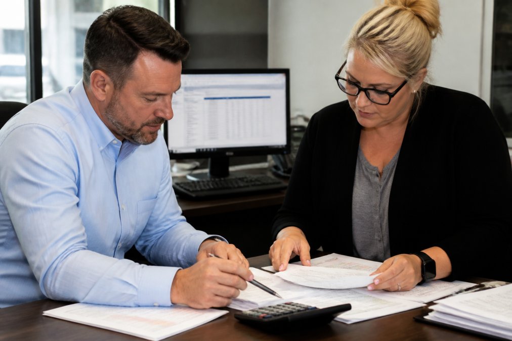 Controller and office manager auditing invoices to improve dealership vendor value through line-item reviews