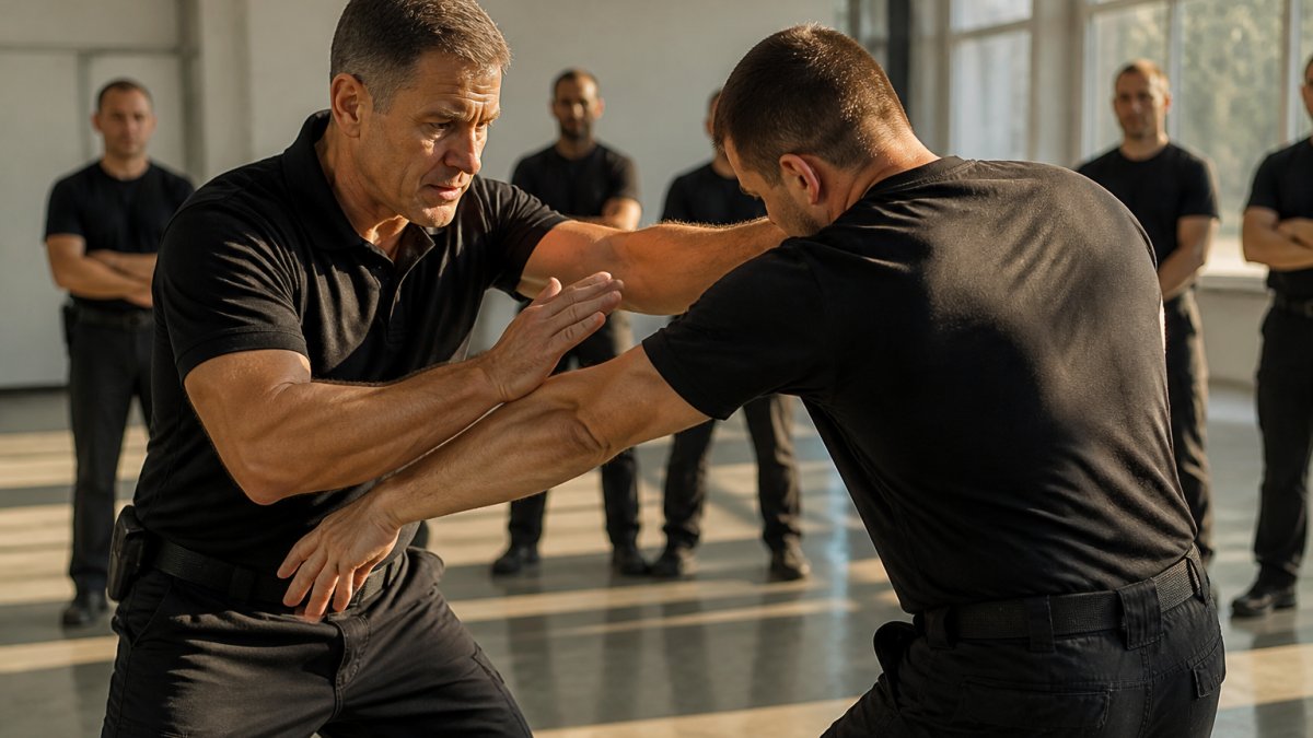 Instructor demonstrating defensive tactics during hands-on executive protection training quality exercises.