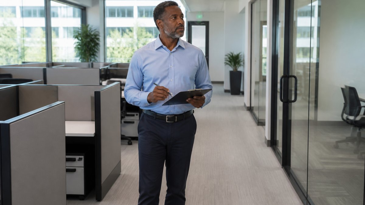 Facility manager with a clipboard assessing office cleaning needs to evaluate facility cleaning vendors