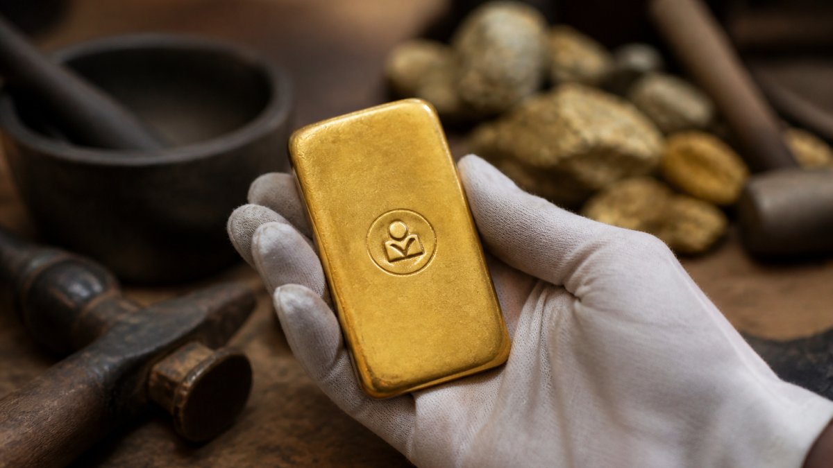 A close-up of a certified fair trade gold bar stamped with a certification logo, held by a jeweler's gloved hand in a workshop, mining tools blurred in the background