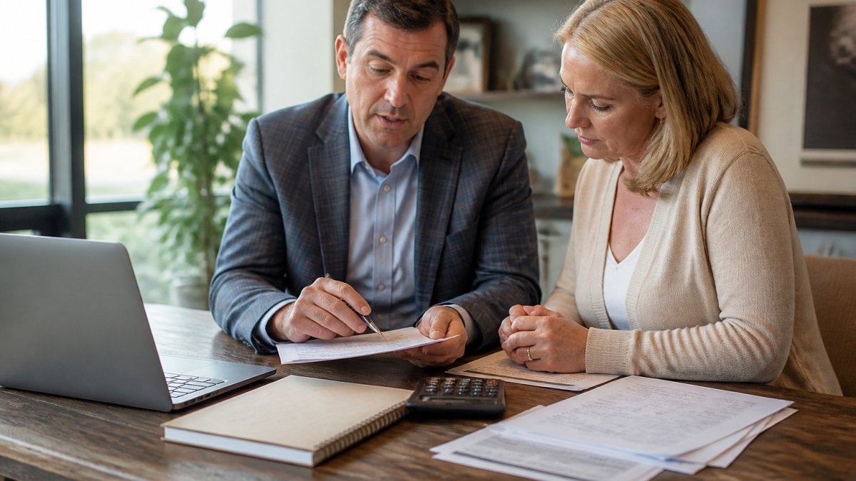 Financial advisor and client sitting at a desk to evaluate financial advisor fees using documents and a laptop.