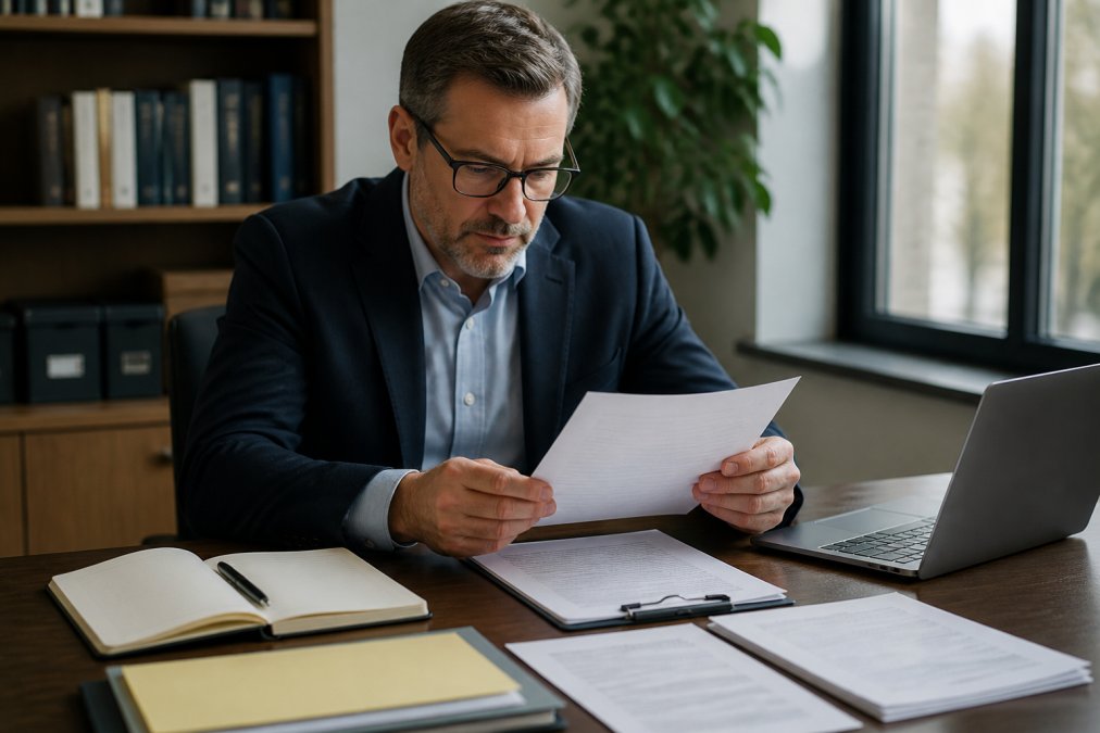 Professional financial advisor reviewing credentials and documents at desk with laptop, pen, and notepad visible, natural office lighting