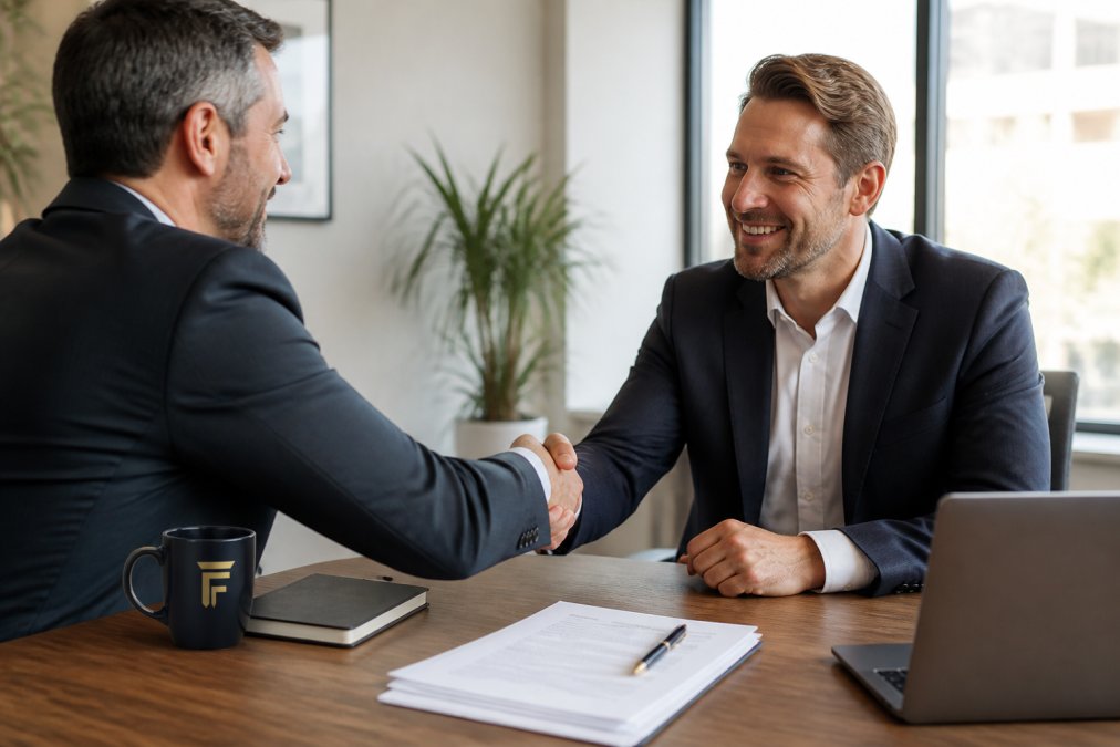 Two business professionals shaking hands across a desk in a bright office, with a laptop and documents visible, conveying a successful negotiation