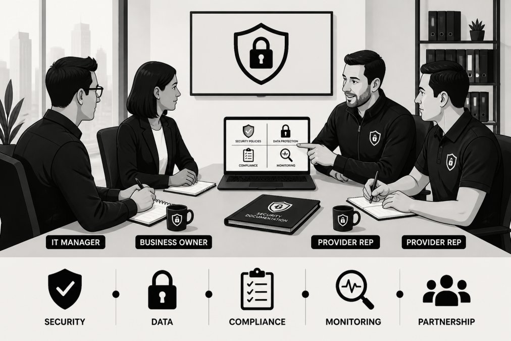 Business team in modern conference room conducting vendor interview, with IT manager and business owner seated across table from two provider representatives, one pointing to security documentation on laptop screen while others take notes