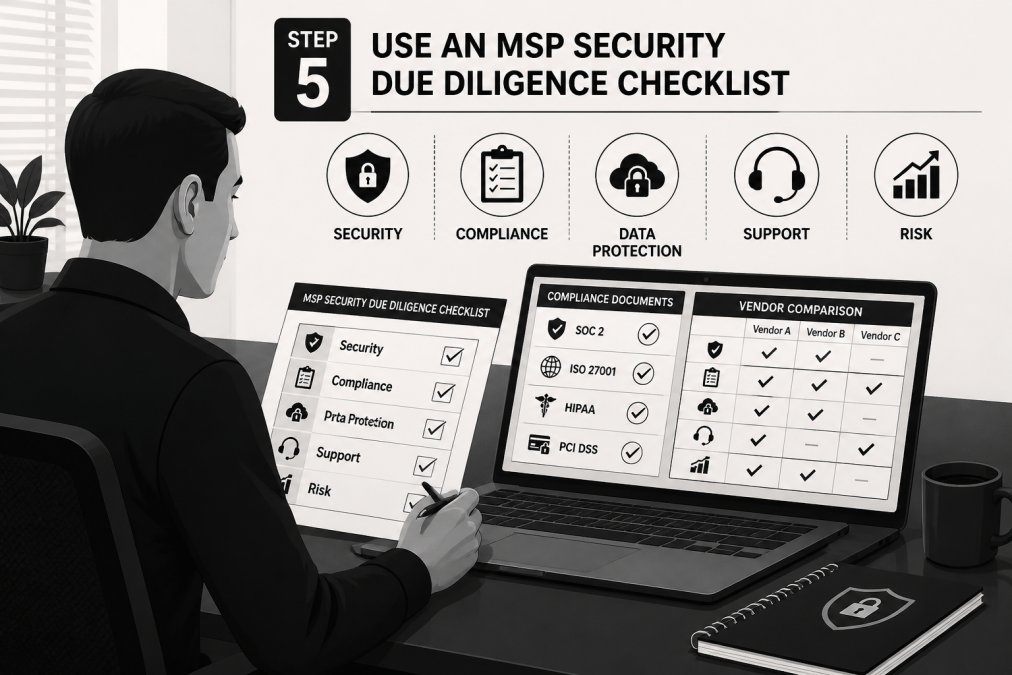 IT manager at desk with printed security due diligence checklist and pen, laptop open showing compliance documents and vendor comparison spreadsheet, natural office lighting
