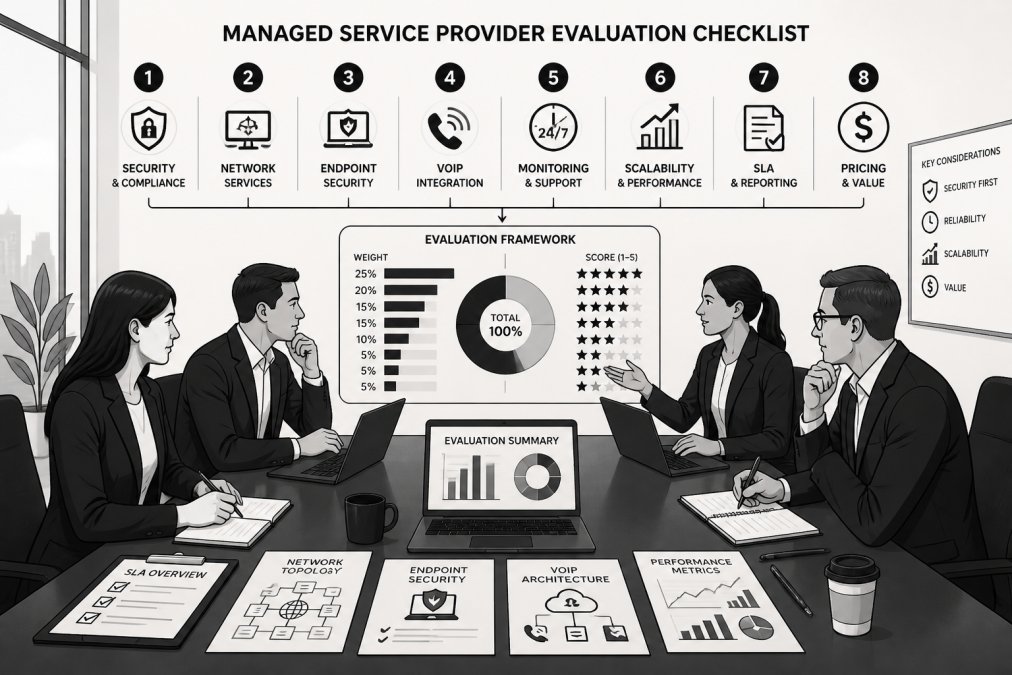 Professional business team reviewing evaluation criteria and documentation at conference table with laptops, notepads, and charts visible, discussing managed service provider selection in bright office setting