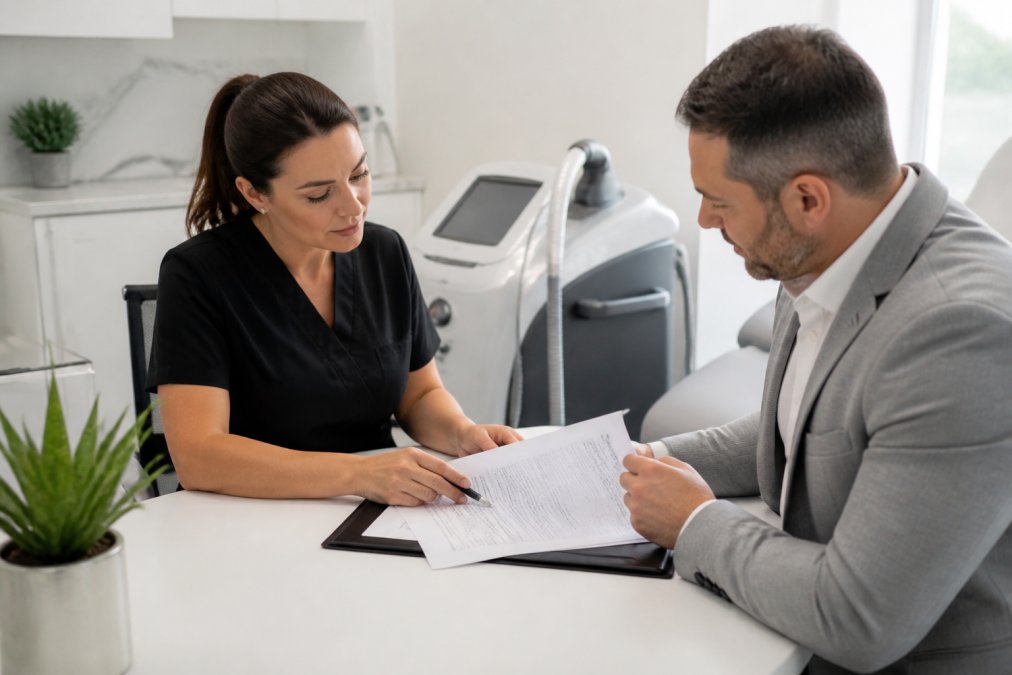 A clinic manager and medical device representative sitting across a desk reviewing printed contract documents together in a professional medical office setting, with natural overhead lighting and a laser device visible in the background