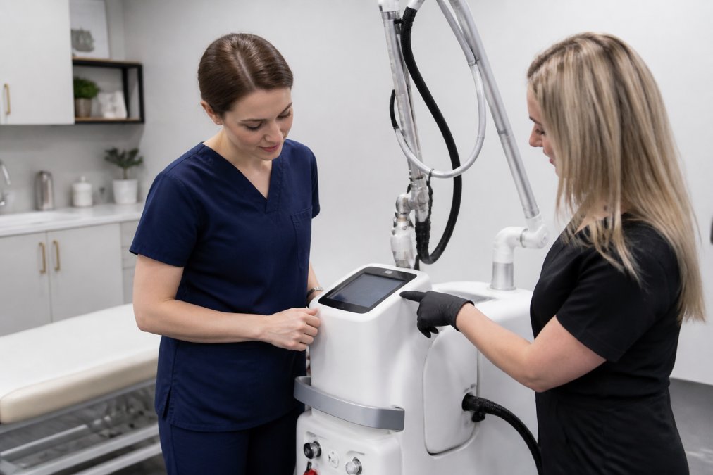 A medical professional in clinical attire receiving hands-on training on a medical laser device from a technical trainer in a clean, well-lit treatment room, with the trainer pointing to the device's user interface controls