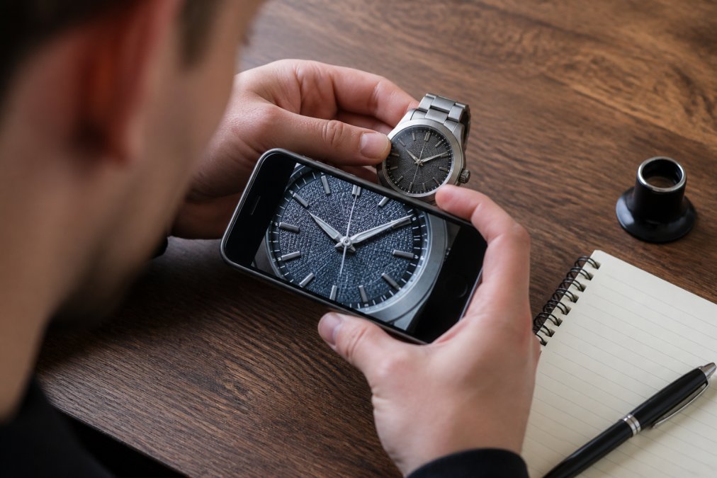 A close-up photograph of a person using a macro lens on a smartphone to inspect the dial of a titanium watch, with a loupe and notebook on a wooden desk