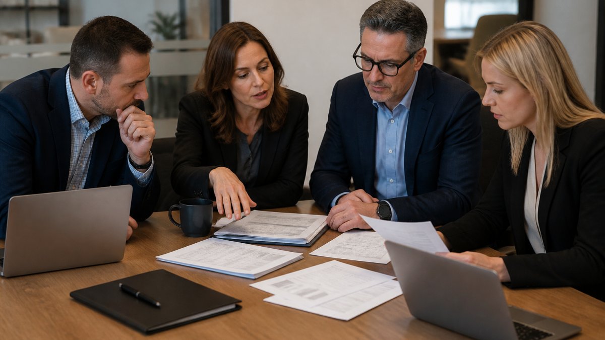 Executive team reviewing MLS software proposals and cost spreadsheets at a conference table with laptops and printed documents, natural office lighting, focused expressions