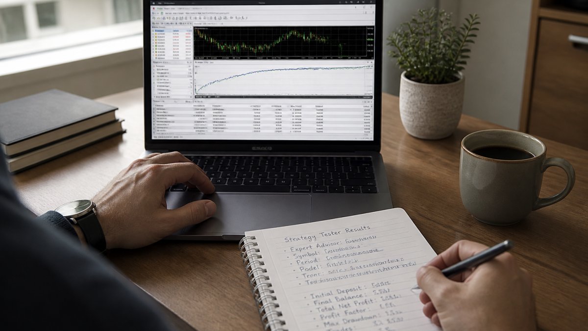 A trader's desk with a laptop showing MT5 strategy tester results, a notebook with handwritten notes, and a cup of coffee