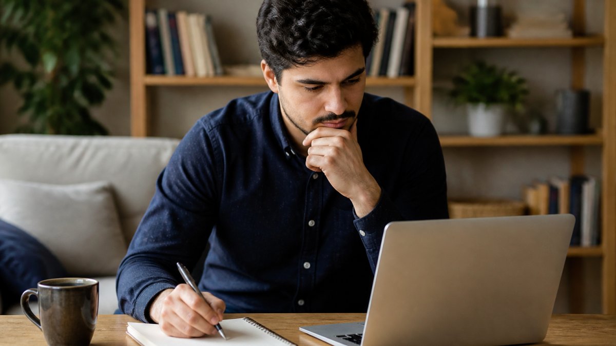 A focused person using a laptop and notebook to evaluate online income training courses.