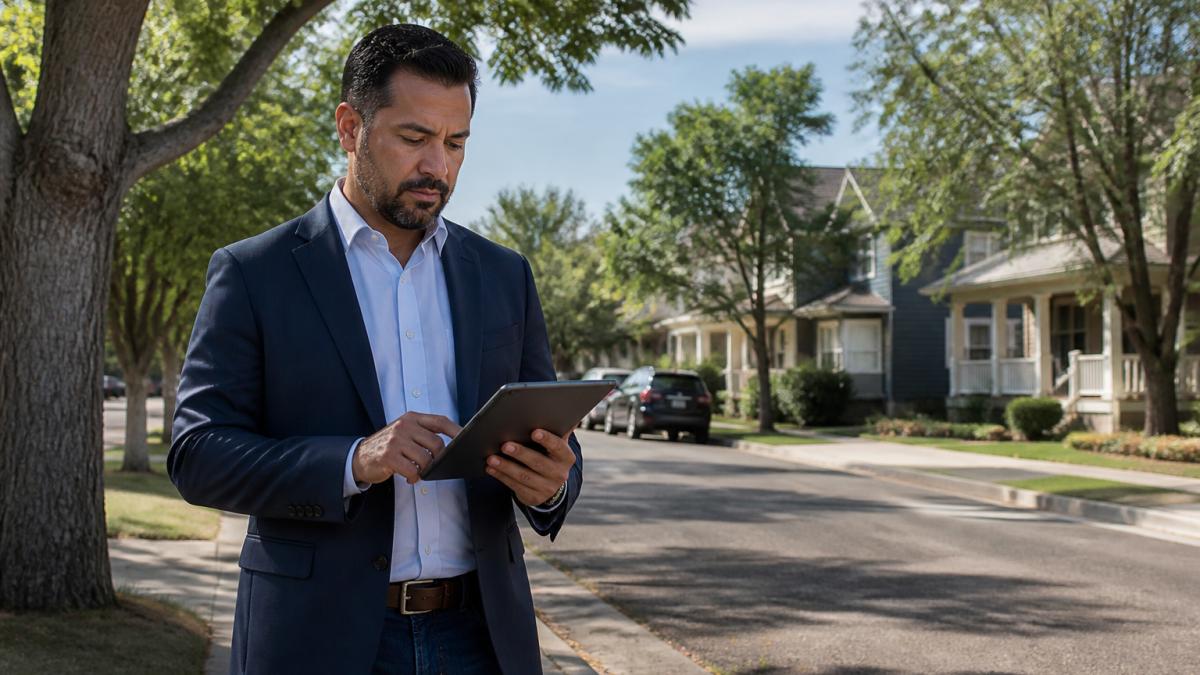 Real estate investor reviewing potential rental properties and neighborhood conditions in a residential community.