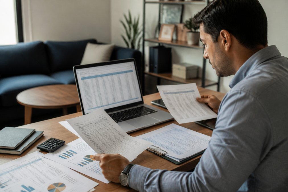 Franchisee reviewing financial reports and performance data on a laptop at a desk with spreadsheets and charts visible