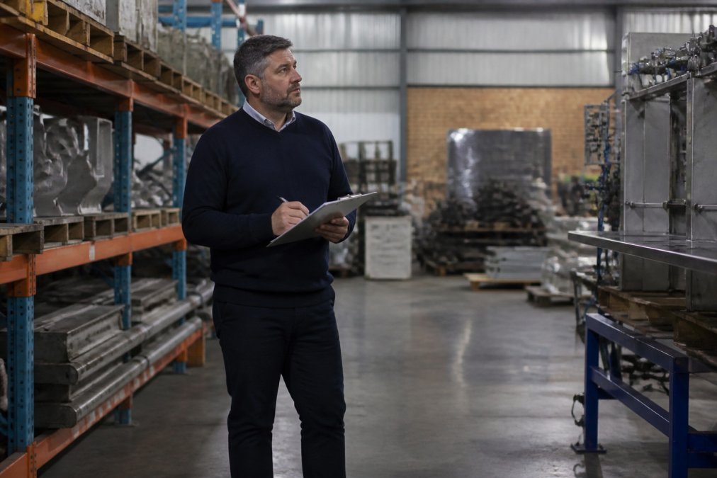 Business owner walking through warehouse or office space, inspecting equipment and operations with clipboard in hand, taking notes on potential hazards