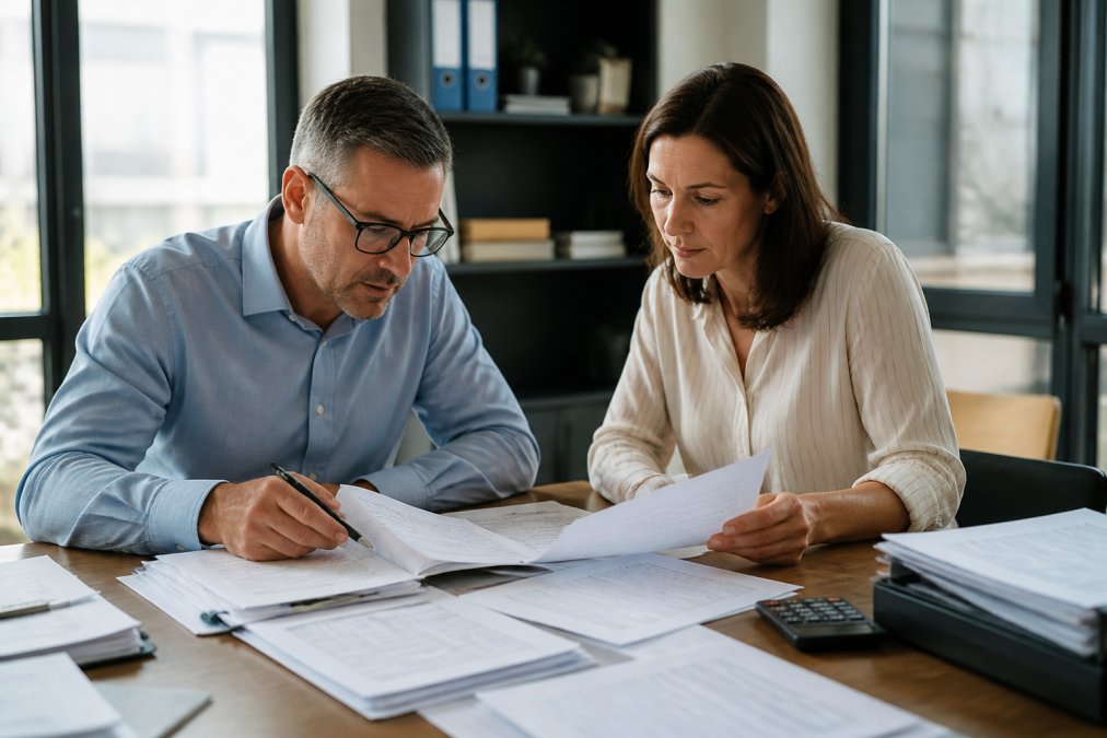 Two professionals reviewing documents and data at a desk, analyzing insurance policies and business records with focused attention and natural office lighting