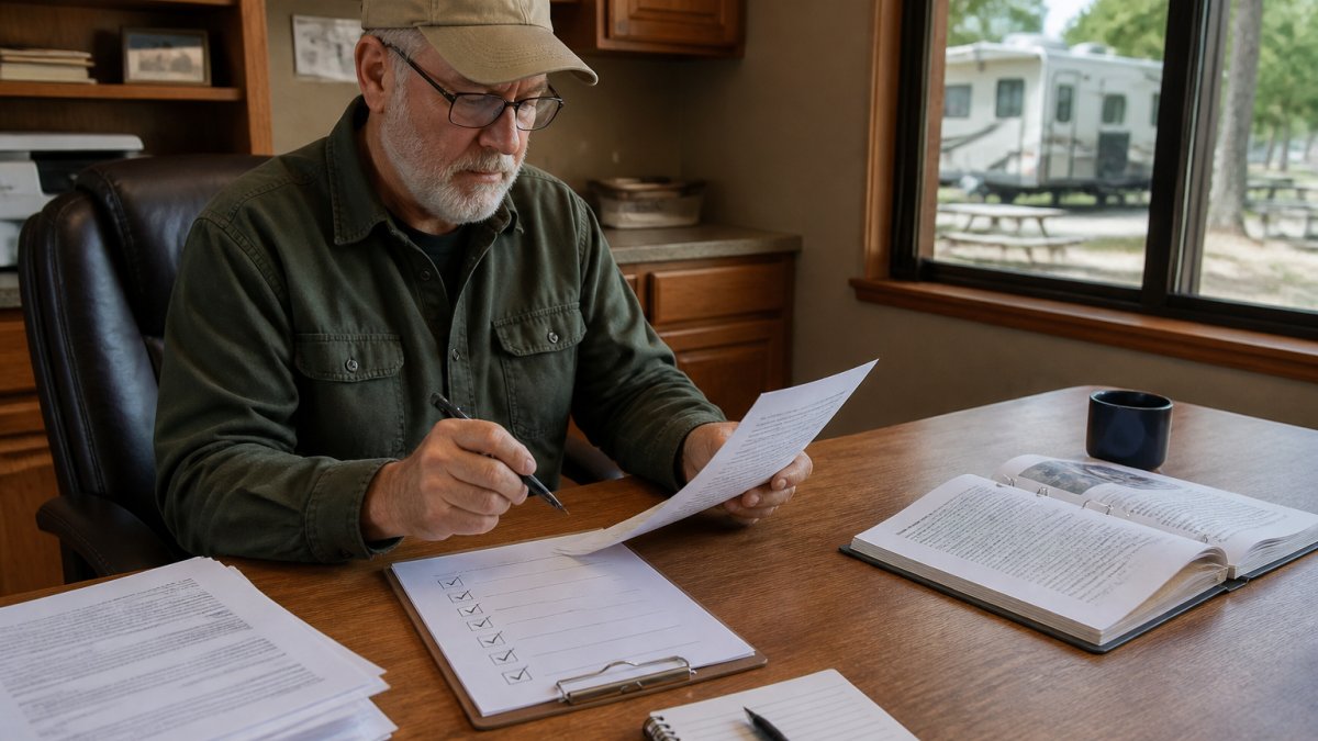 RV owner sitting at a desk with printed reservation documents and a checklist, reviewing confirmation details on a laptop with a pen and notepad nearby