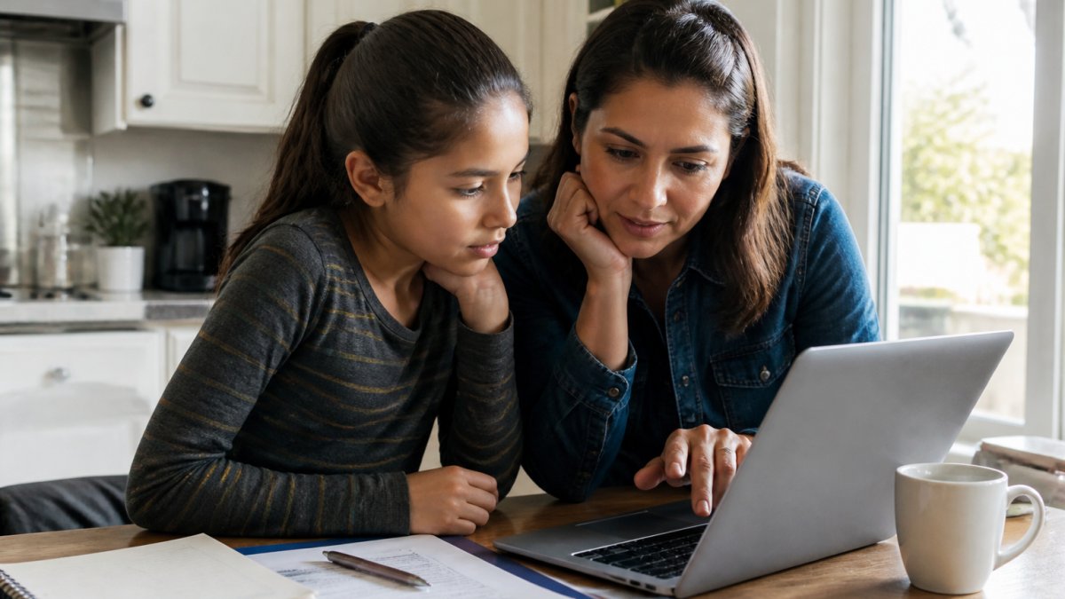 Parent and child sitting at a kitchen table with a laptop, reviewing school ratings and district information together with papers and notes, natural daylight streaming through a window