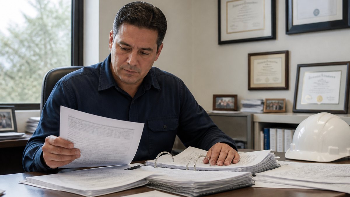 Professional inspector reviewing building documentation and credentials at desk with California license verification materials visible