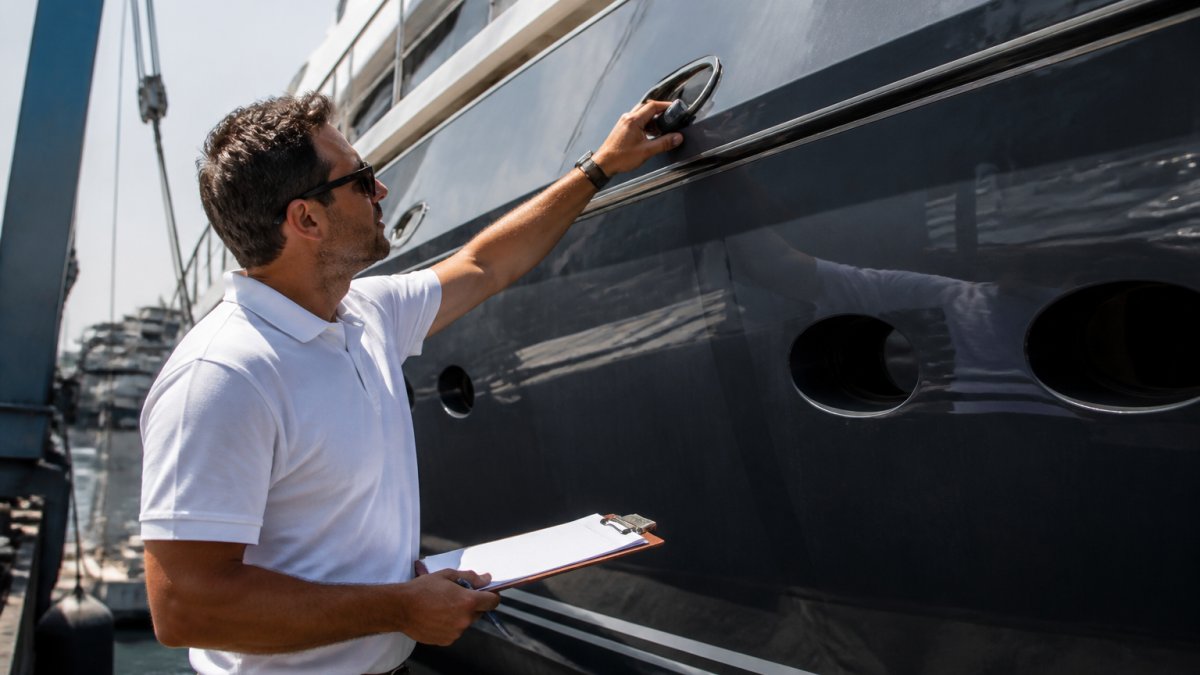 Professional surveyor conducting detailed inspection of superyacht hull and deck systems with documentation clipboard and specialized assessment tools