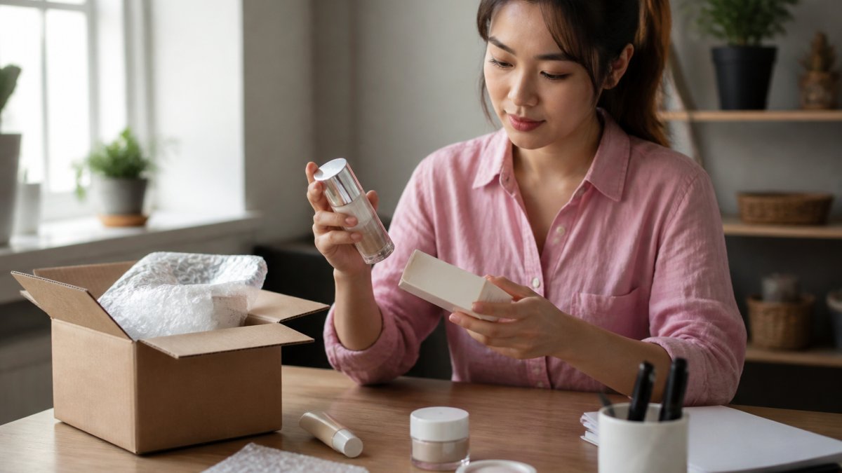 Woman at home examining a beauty product and its packaging carefully, natural window lighting, assessing condition before initiating an exchange