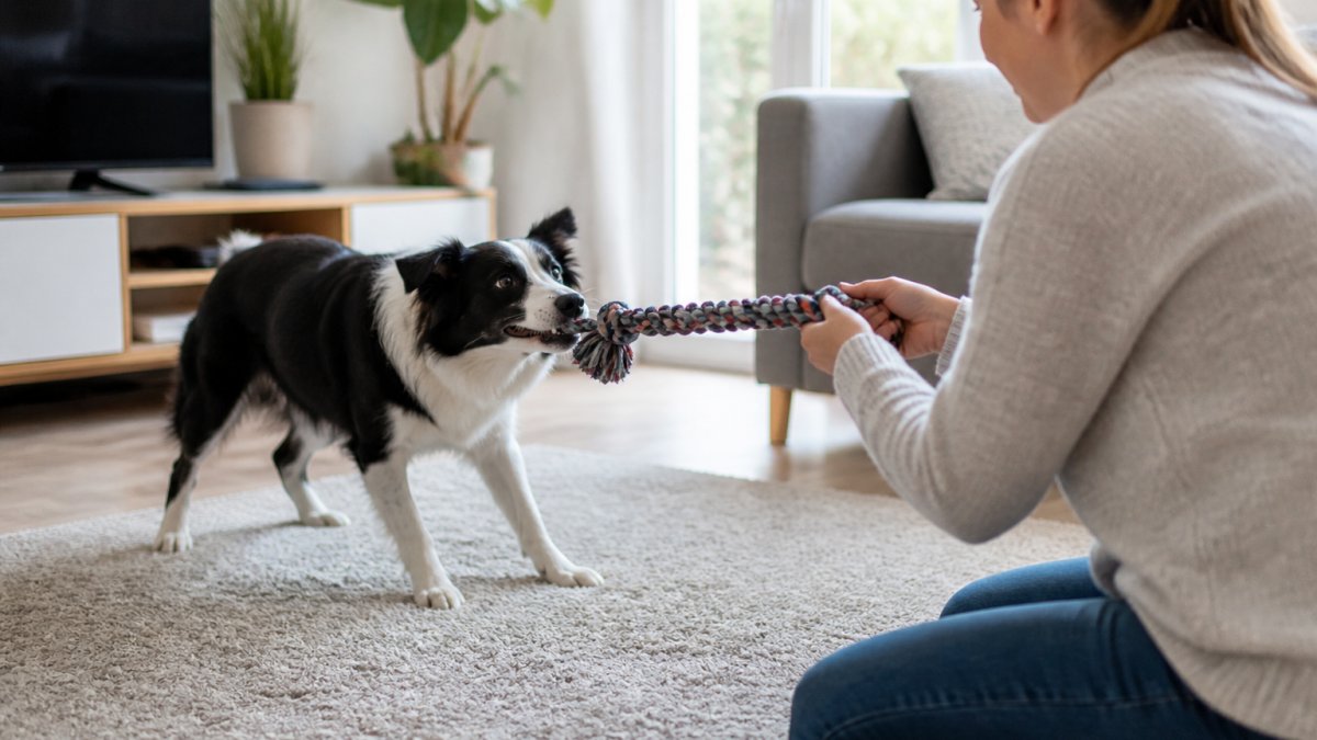 A young border collie gripping a braided rope toy mid-tug in a bright living room, owner kneeling on the rug, soft afternoon light through a large window