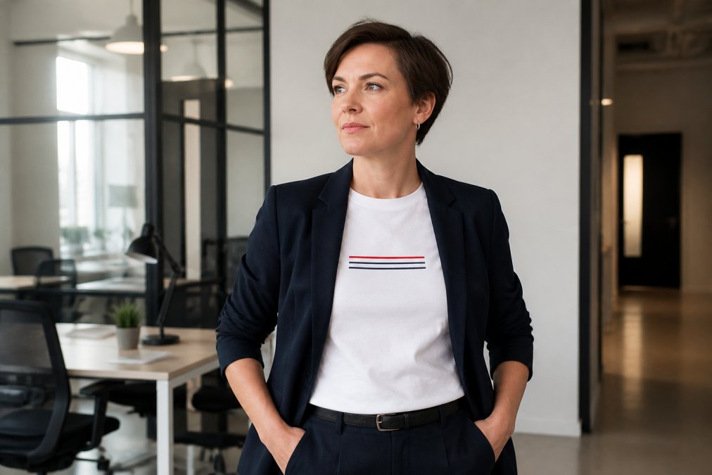 A person in a plain office setting wearing a subtle political statement t-shirt under a blazer, looking confident and professional
