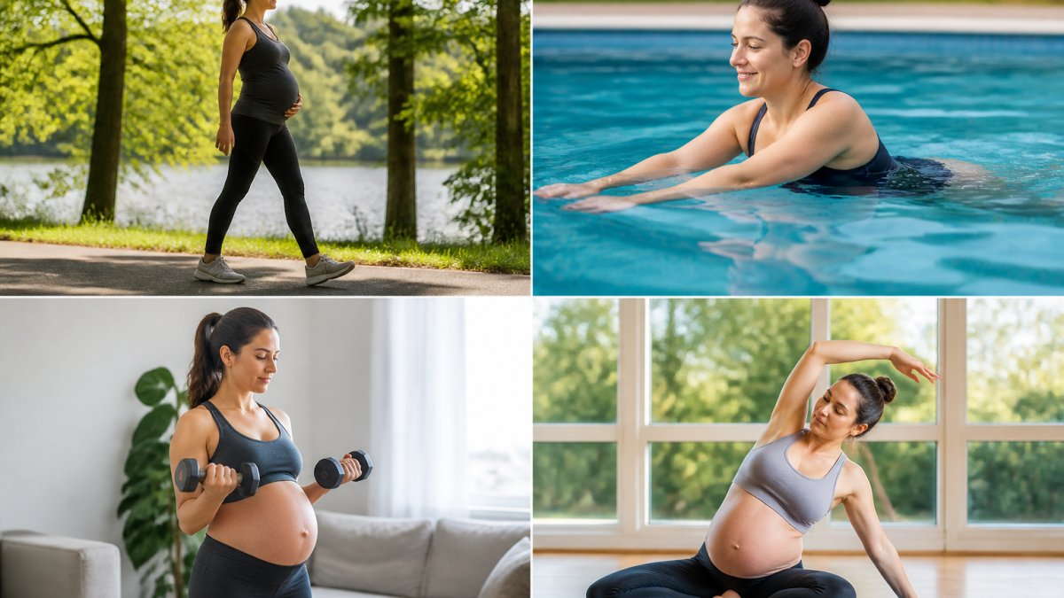 Pregnant woman in activewear performing a gentle squat with a fitness ball in a bright home gym