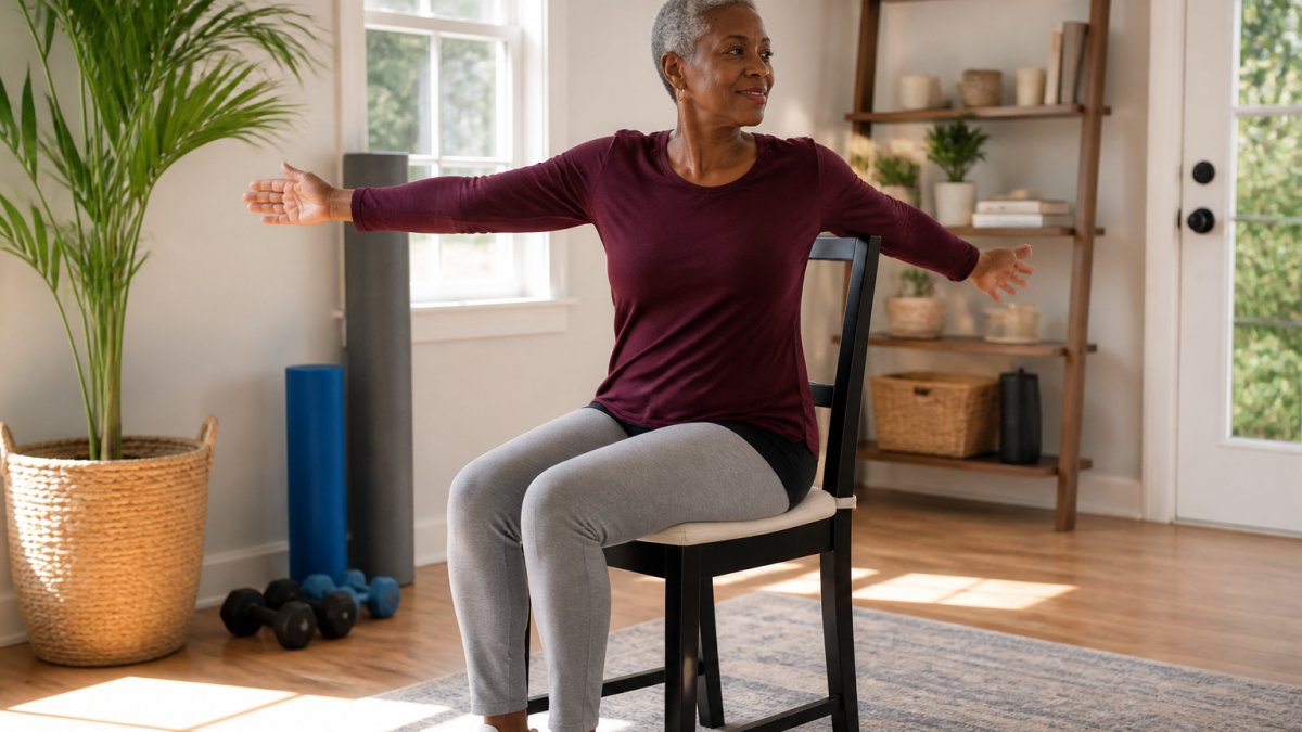Older adult seated in a bright home environment performing gentle arm circles and upper body stretches, with natural sunlight streaming through windows