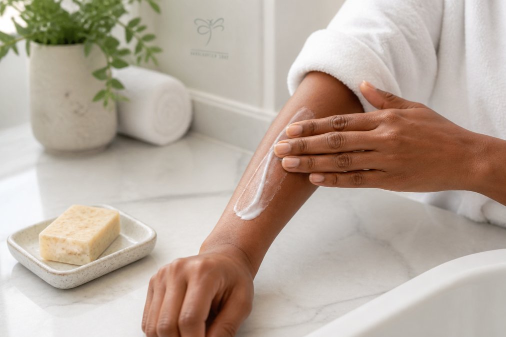 Close-up of a person's hands applying a rich cream moisturizer to their forearm in a softly lit bathroom, with a ceramic soap dish and a bar of handcrafted soap nearby