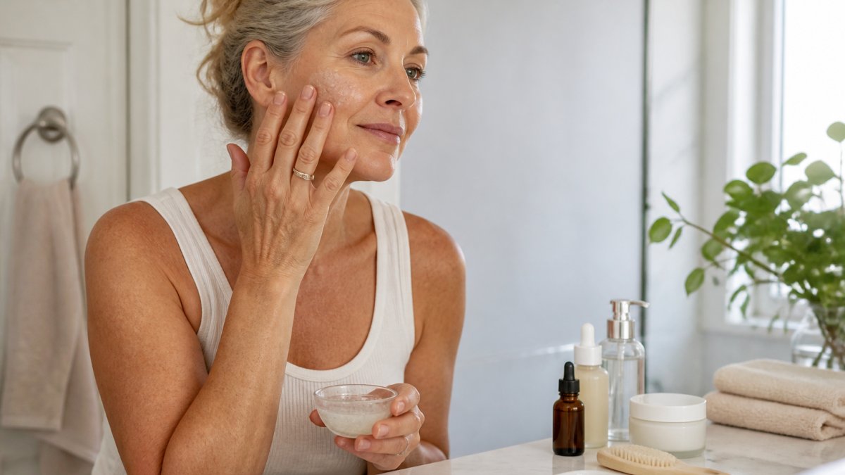 Woman in her fifties applying gentle exfoliating gel to her face in a bright, modern bathroom setting
