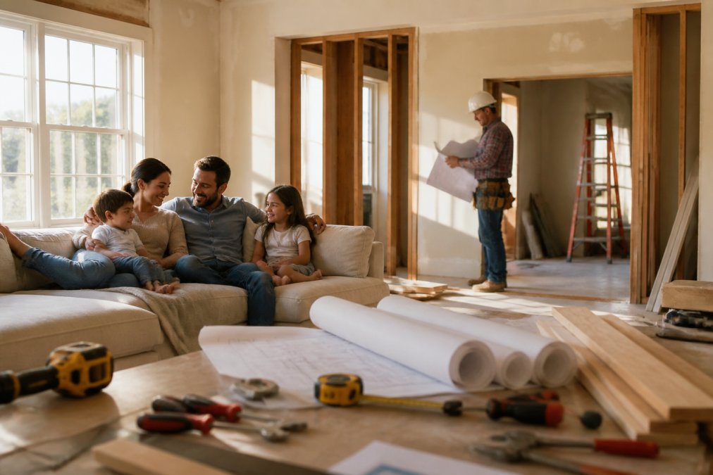 Family relaxing on a sofa as a contractor reviews blueprints to expand living space in a bright, renovated room.