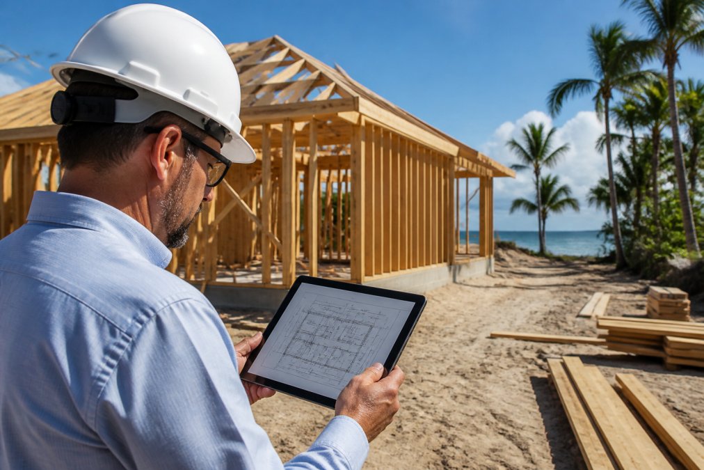 Engineer using a tablet to review construction plans to help expedite building permits at a Florida job site.