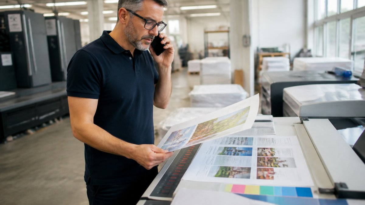 A print production specialist reviewing digital layout files on a large monitor in a commercial print shop, with color proofs and printed samples spread across the desk under bright overhead lighting
