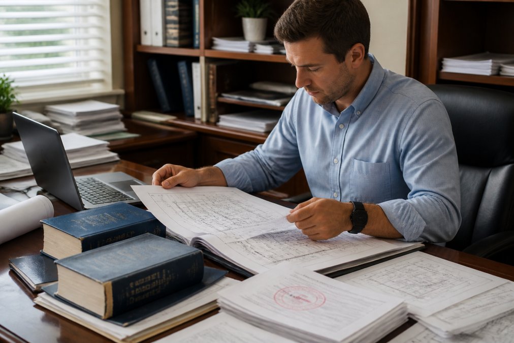 Professional engineer reviewing architectural drawings and structural plans at a desk with laptop, stamped documents, and building code references visible under natural office lighting