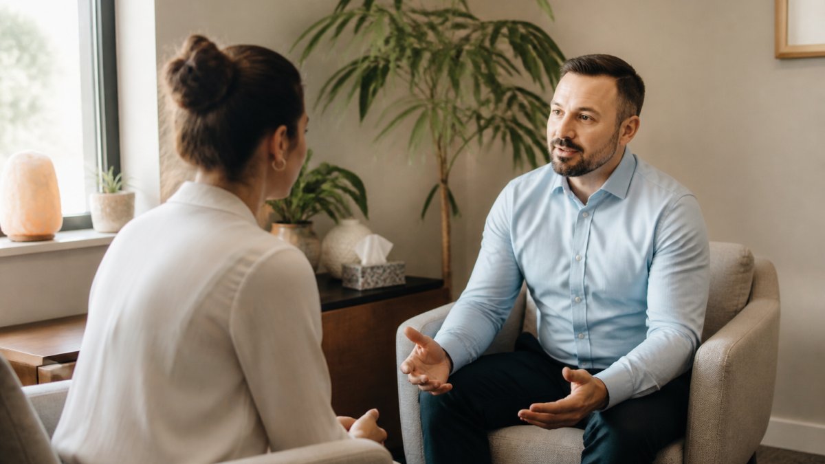 Professional manager and employee seated facing each other in quiet private office with natural window lighting, both with open body language and engaged expressions