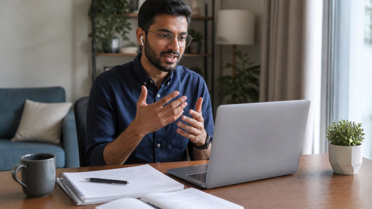 A data professional in a video interview, looking confident and prepared at a home desk with a laptop and notes