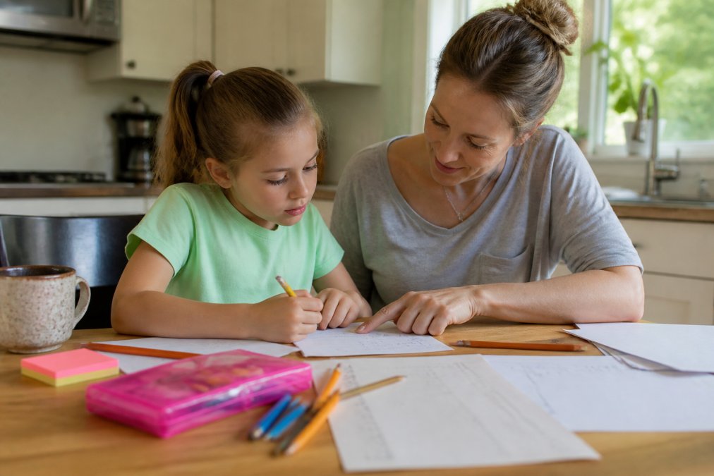 Infographic flow chart showing steps for parents to assist children with common core math homework efficiently.