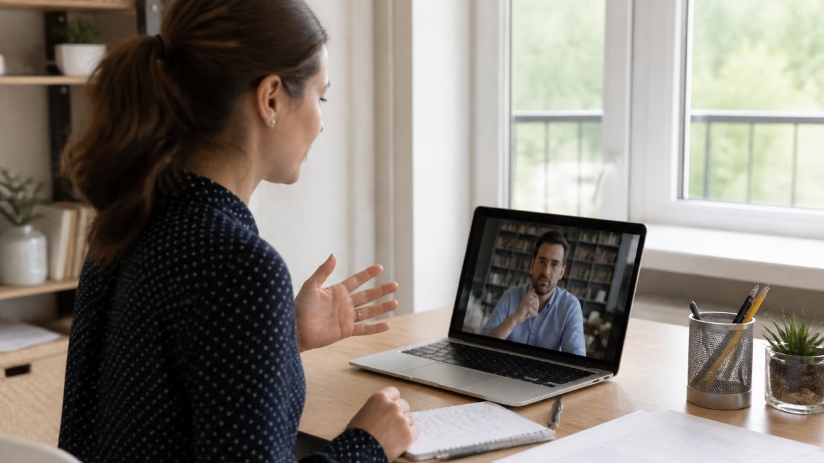 A professional educator sitting at a home desk with a laptop open to a video interview, notes and a printed CV visible beside the keyboard, warm natural light from a window
