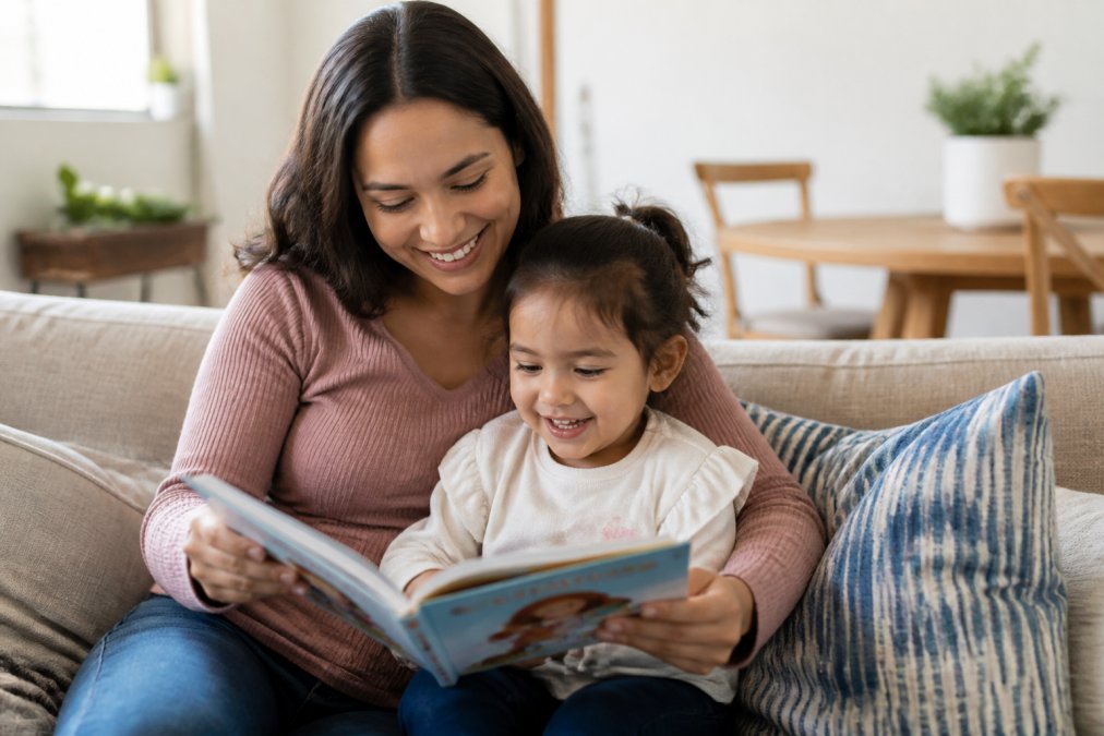 Parent and toddler smiling together while reading a colorful children's book about visiting the dentist in a comfortable home setting