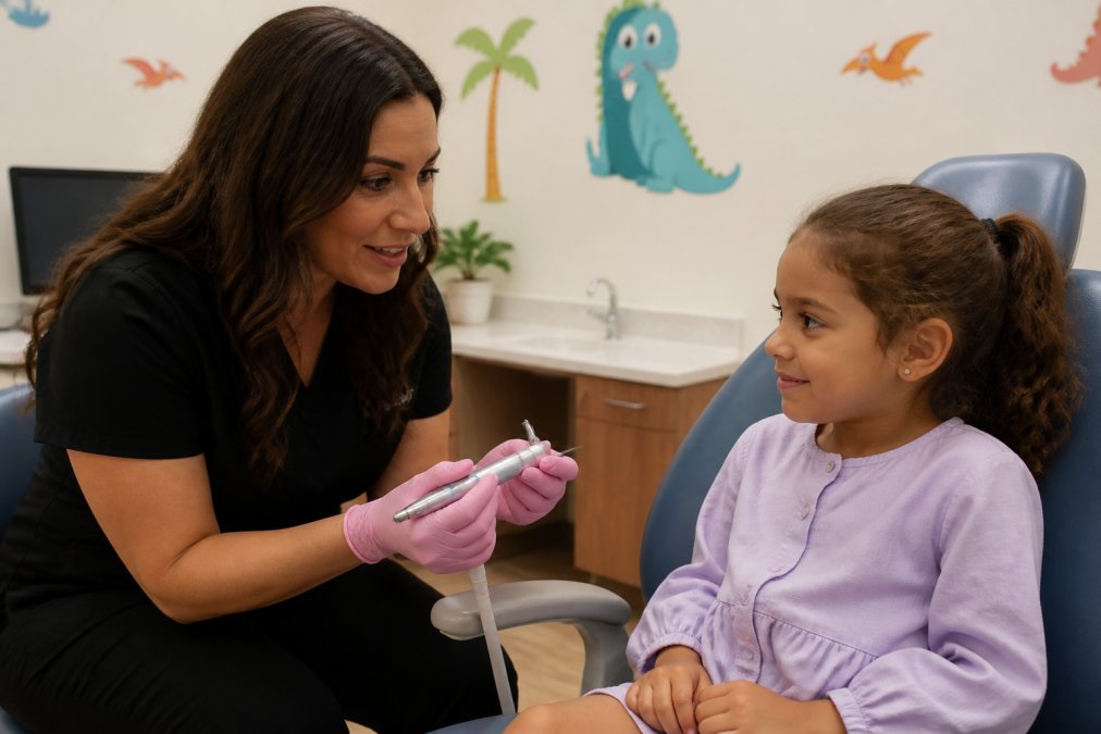 Pediatric dentist demonstrating dental tools to a calm toddler in a bright, child-friendly examination room with friendly wall decorations