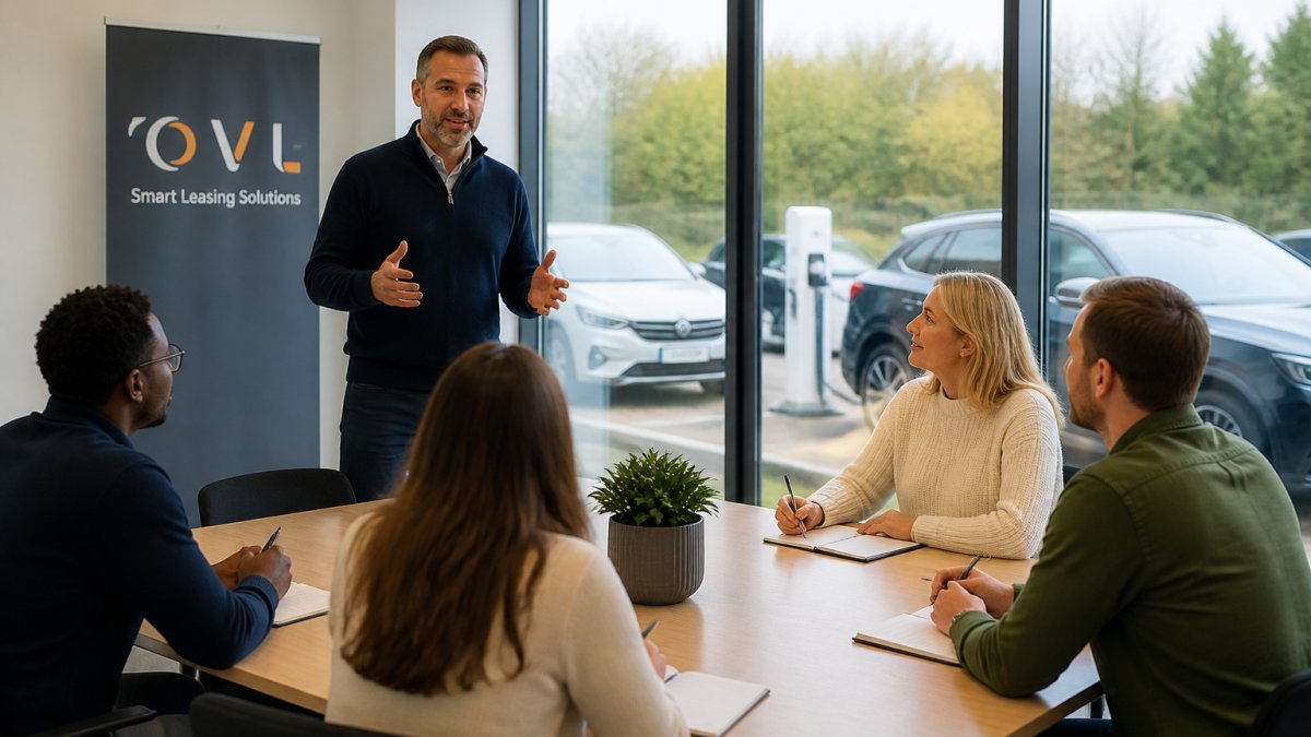 Professional manager presenting EV salary sacrifice scheme details to diverse team of engaged staff taking notes in bright modern office meeting room with large windows