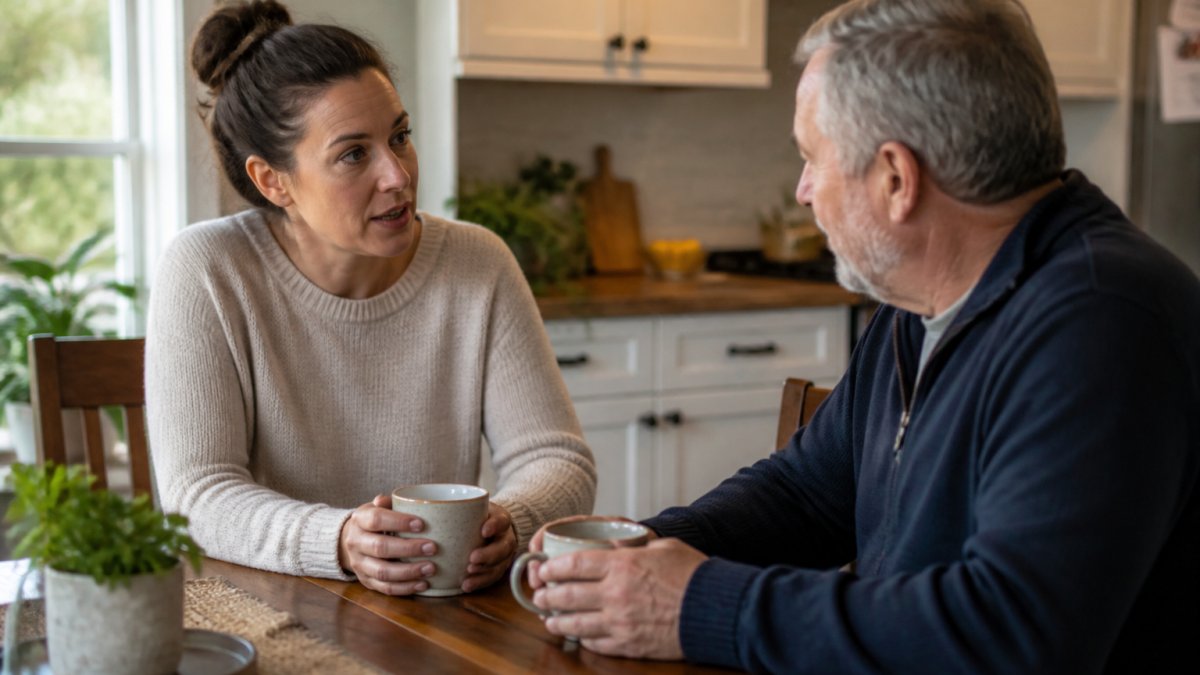 Parent and adult family member sitting at kitchen table in warm home setting, having calm conversation over coffee with natural window lighting, both leaning forward with engaged body language