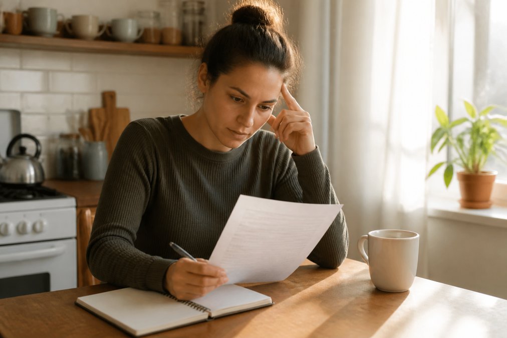 A person sitting at a kitchen table with a notebook and pen, reviewing a resume printout with a thoughtful, determined expression, warm afternoon light through a window