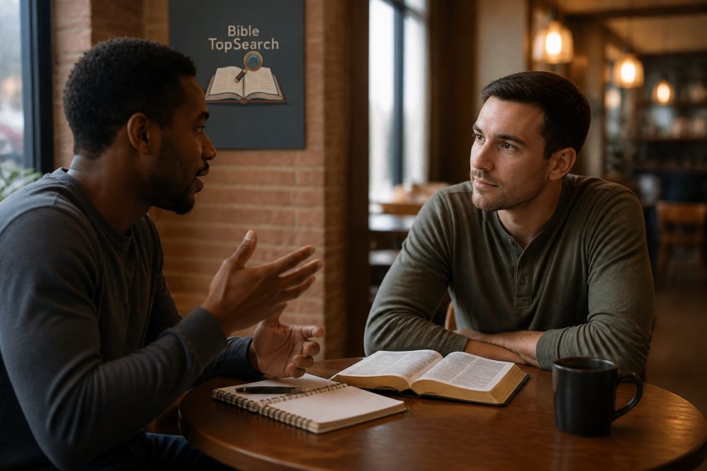 Two people sitting across from each other at a small table in a warmly lit coffee shop, one listening attentively with an open Bible and notebook nearby, the other mid-sentence gesturing thoughtfully