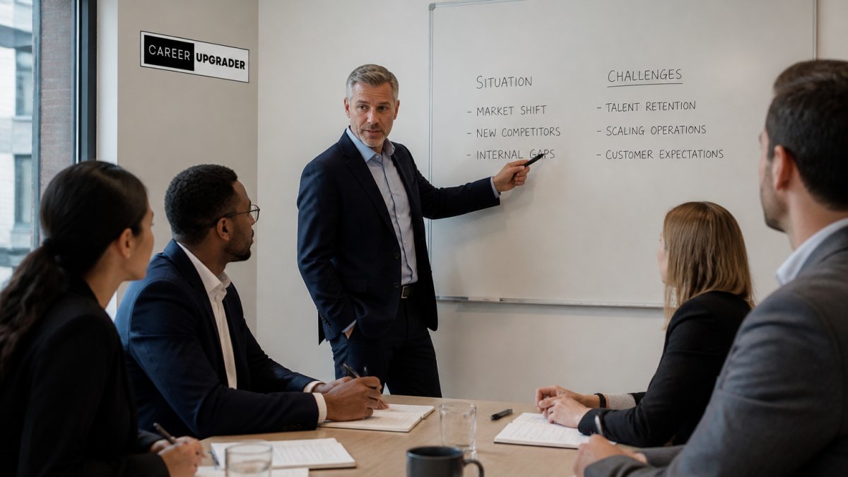 Senior executive pointing to whiteboard notes to explain leadership impact during a team presentation.