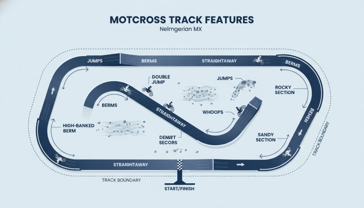 Wide aerial view of motocross circuit showing multiple jumps with various heights, bermed corners, straightaway sections, and a group of riders navigating different obstacles during a race