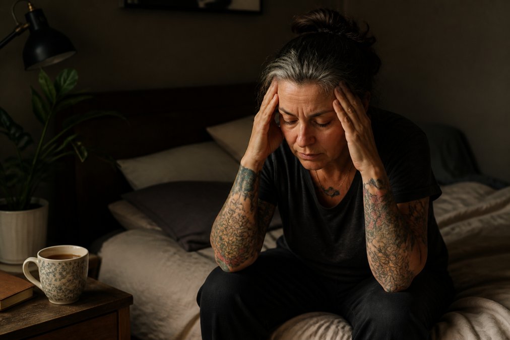 A woman in her mid-forties sitting alone on the edge of a bed in a dim bedroom, hands pressed to her temples, while a half-drunk cup of tea sits untouched on the bedside table