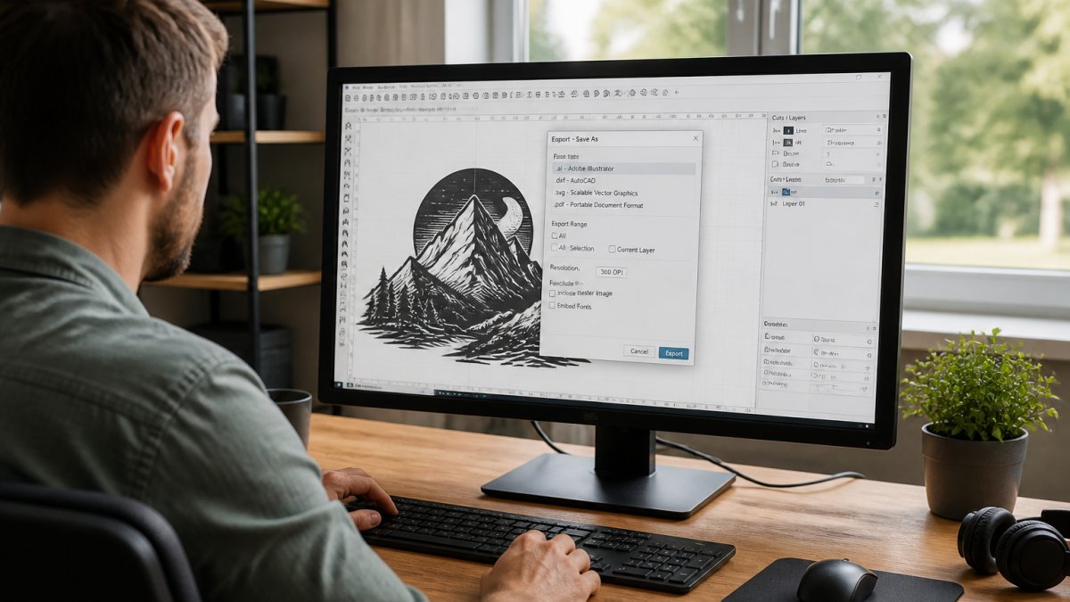 Designer working at computer screen displaying vector artwork with export dialog open, showing file format options and settings in modern workspace with natural window lighting